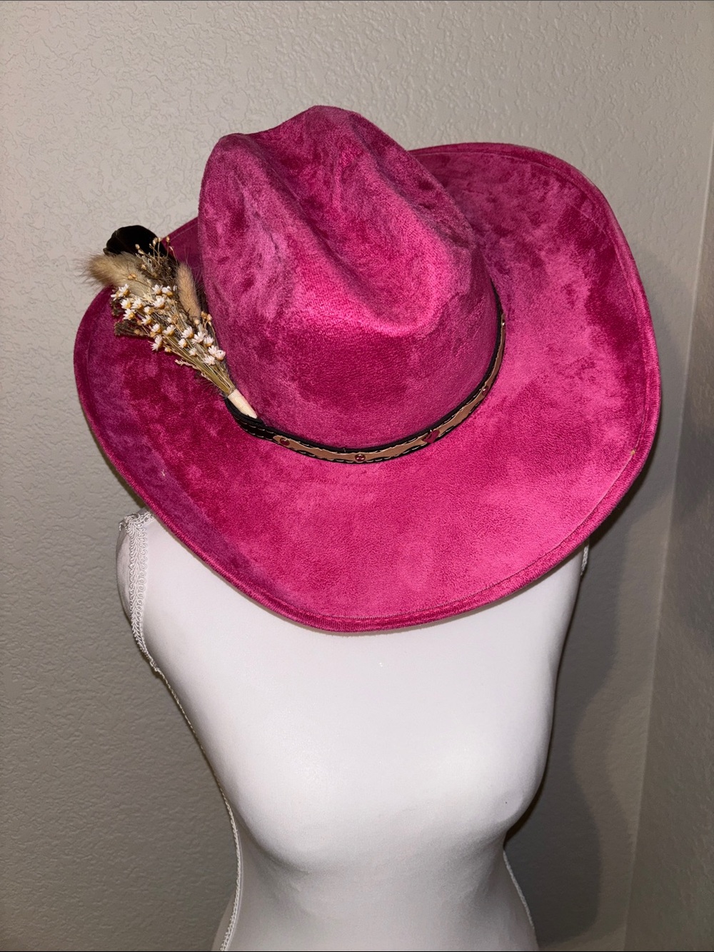 Fuchsia Suede Western Cowgirl Hat with Feather Accent